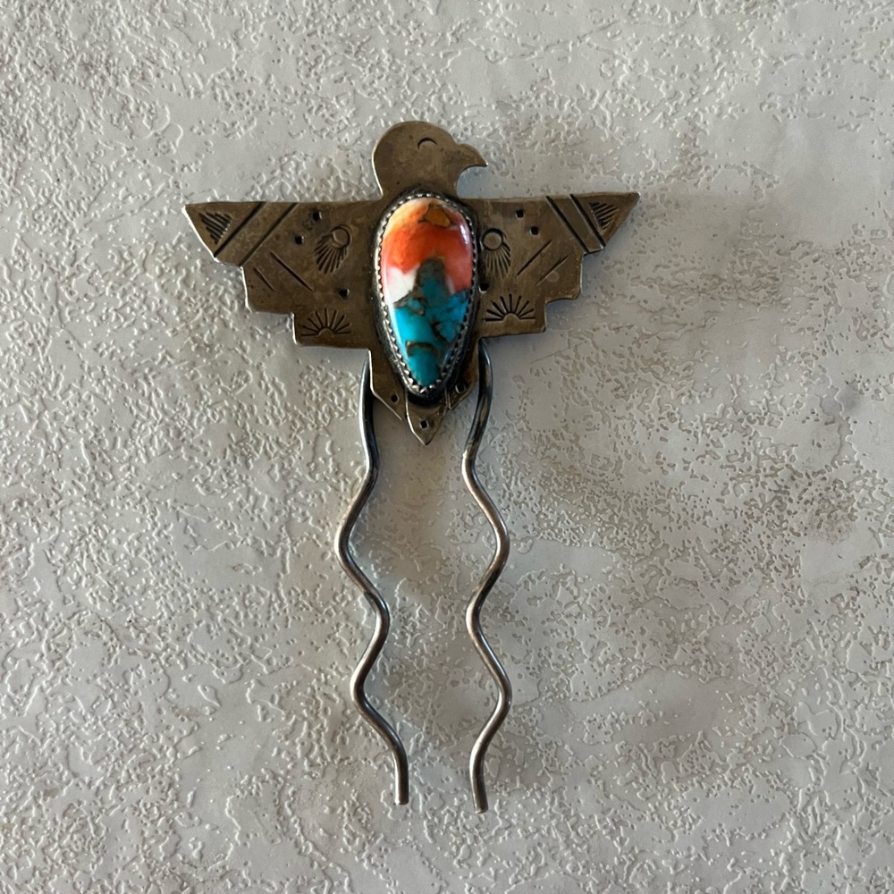 Silver Thunderbird Hair Accessory with Turquoise and Coral